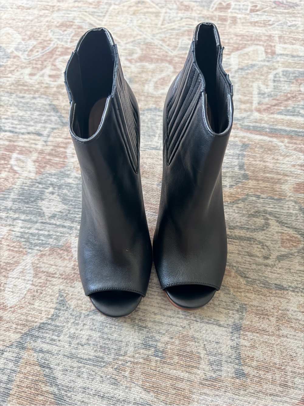 Halogen Black Peep-Toe Leather Ankle Booties 4in Heel